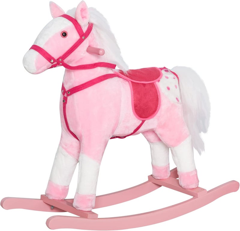 Qaba Kids Rocking Horse Plush Ride On Toy Toddler Rocker for Boys Girls Gifts with Realistic Sounds, Pink - Image 1